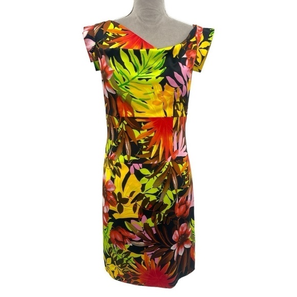 Joseph Ribkoff Tropical Palm Print Short Sleeve Sheath Dress -Multicolor -Size 6 - Picture 2 of 7